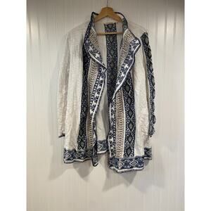 Soft Surroundings Cardigan Size L Women's Fair isle Sweater White Blue/Brown Emb